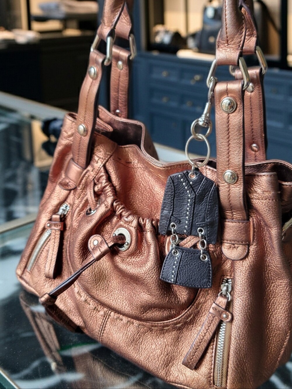 VERSUS VERSACE Studded Leather Biker Jacket & Mini Skirt Keychain Bag Charm - Picture 4 of 5